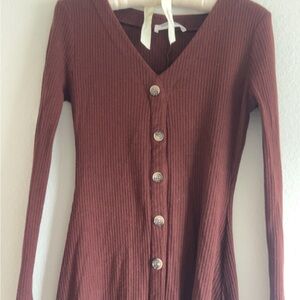 Brown Ribbed Button-Up Dress